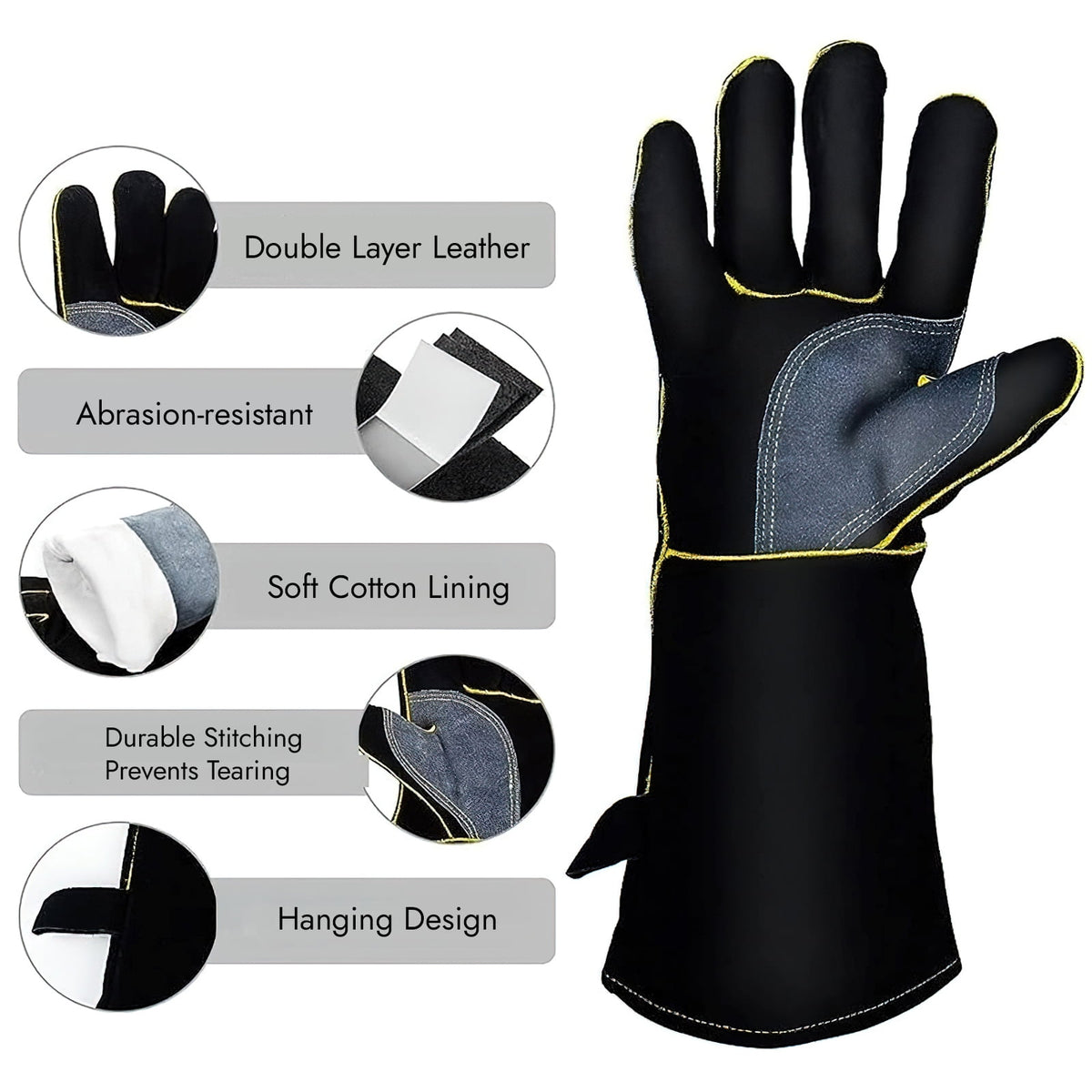 16 inch Leather Welding Gloves, Large Black Fireproof and Heat Resistant Work Gloves