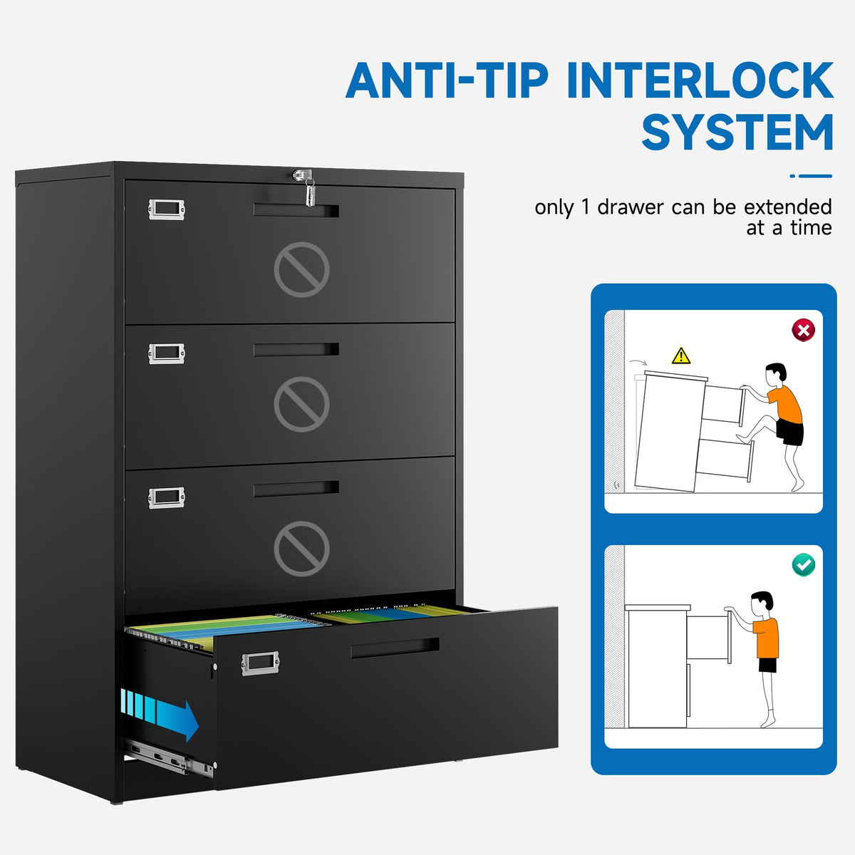 Fesbos Metal Lateral File Cabinets with Lock, 4 Drawer 28.5" Wide Filing Cabinets,Hanging Letter/Legal/F4/A4 Size, Assembly Required - Black