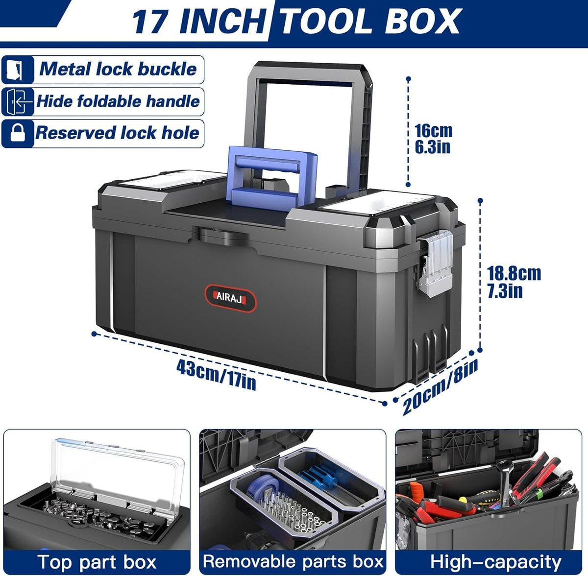 3 IN 1 Rolling Tool Box With Wheels,Stackable Modular Tool Storage Organizer & Removable Small Parts Trays for Garage Workshop Home Storage (17"+19"+21")