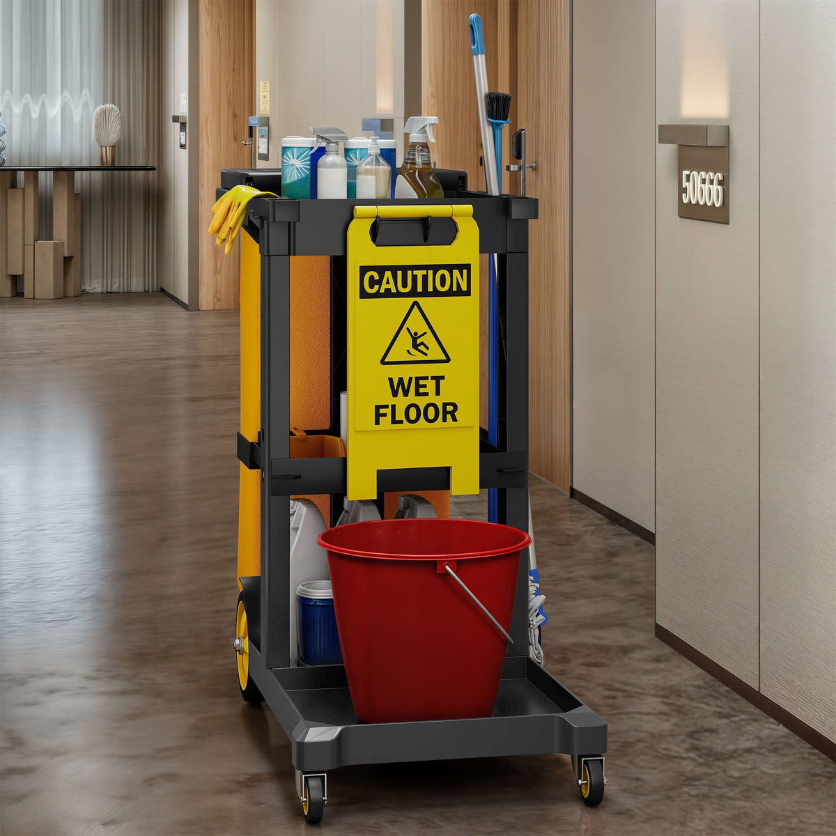 Uforic Commercial Janitorial Trolley Cleaning Cart with 25 Gallon Bag and Cover for Housekeeping, Black