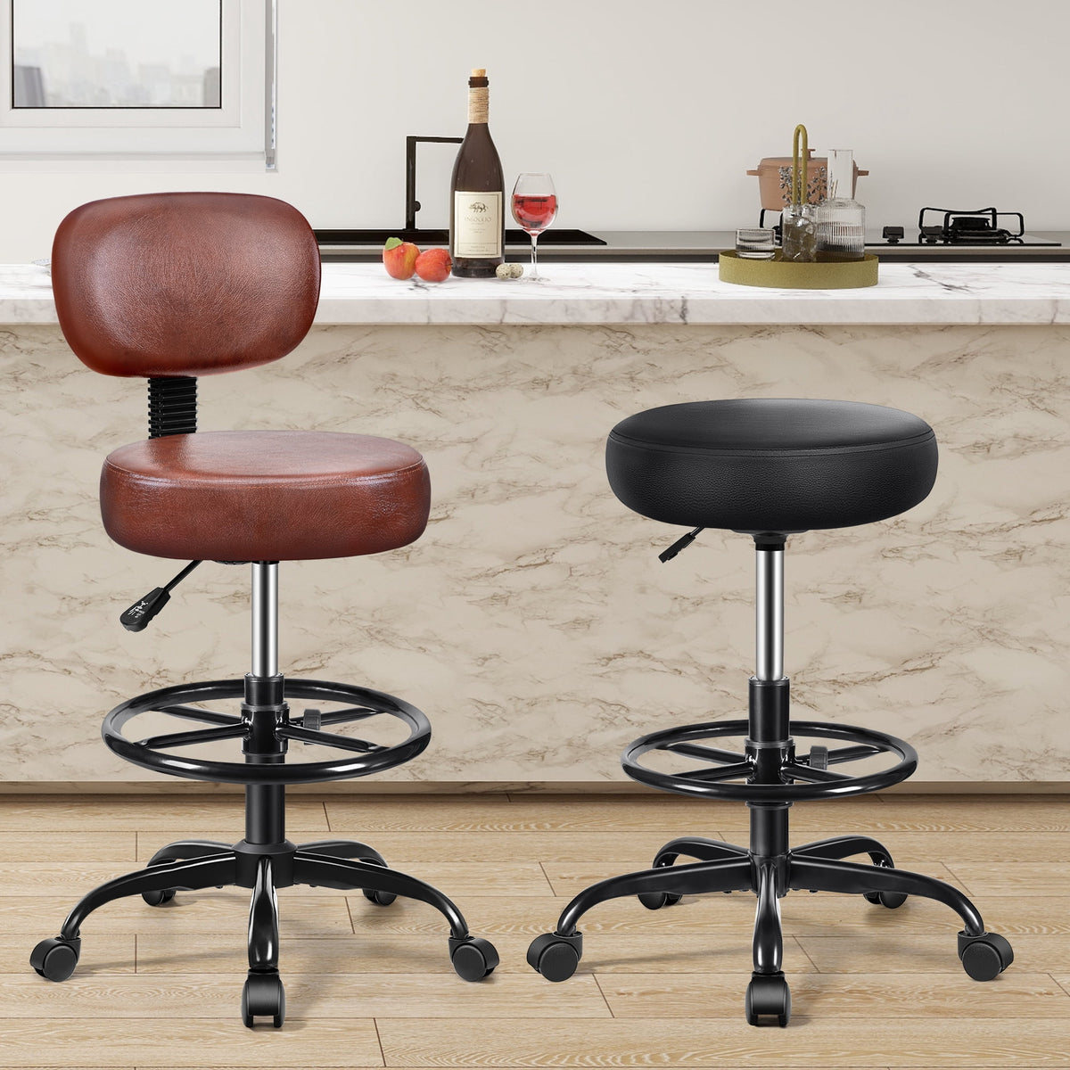 Primy Drafting Office Chair with Backrest - Adjustable Rolling Stool | Armless Office & Bar Height Chair | PU Leather with Thick Cushion | for Home, Office, Salon, Kitchen, Shop, Black