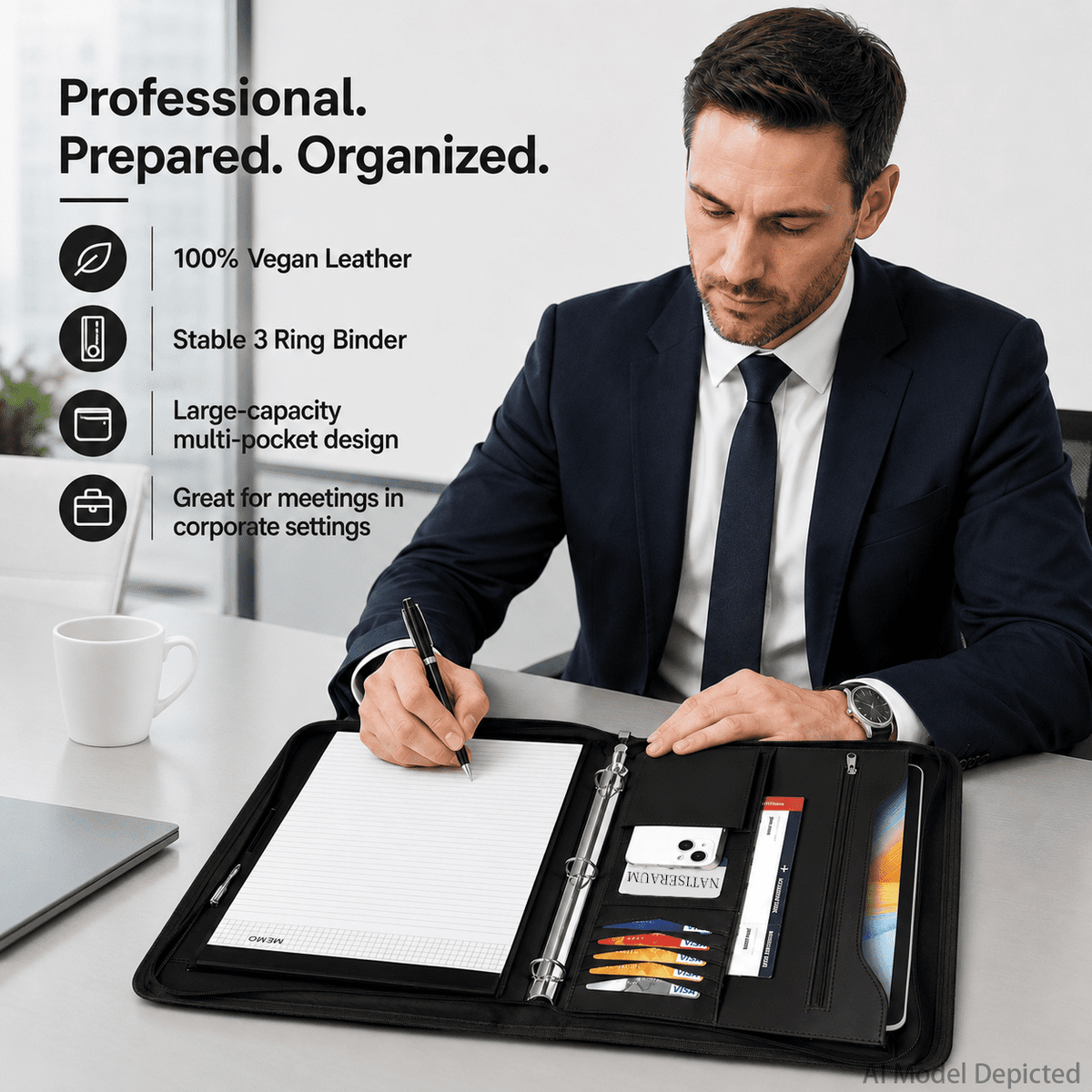NATISERAUM Portfolio Binder, Includes 10 Sheet Protectors and 3 Notepads, 3-Ring Folder Organizer, A4 Padfolio with Zipper, Vegan Leather Tablet Sleeve,Office Supplies