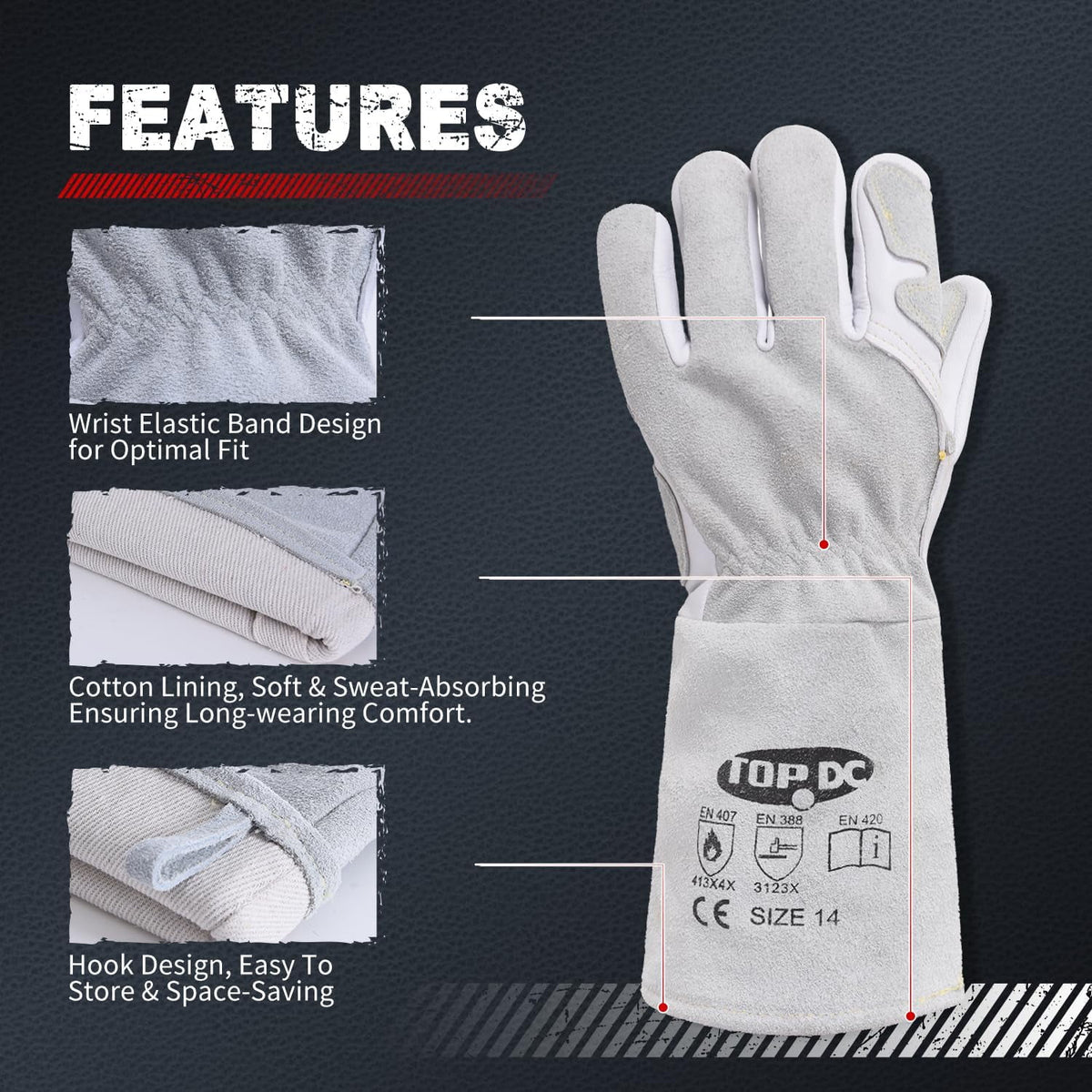 Cowhide Leather Protective Stick Welding Steel Fabrication Gloves,14 Inch Large