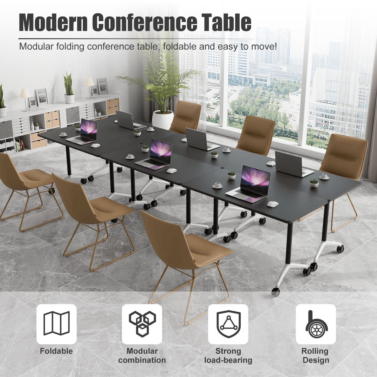 Folding Conference Table with Wheels, Modular Flip Top Meeting Desk, Commercial Training Table for Office Classroom(8,Black 2,61" D X 19.6" W X 29.5" H)