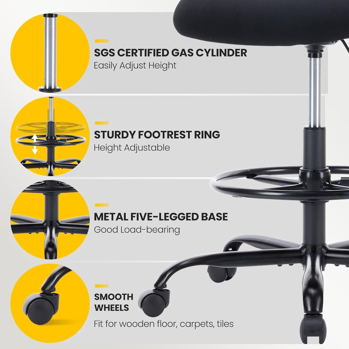 Nextay Tall Drafting Chair - Ergonomic Office Stool with Flip-Up Arms, Footrest & Lumbar Support