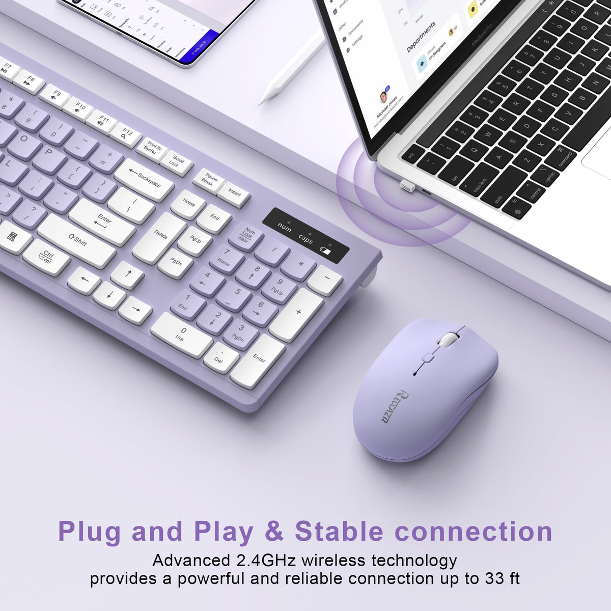 RECCAZR Wireless Keyboard and Mouse Combo , 2.4G Full Size, 12 Multimedia and Shortcut Keys, 3-Year Battery Life, for Windows, Mac OS Desktop/Laptop/PC(Purple)
