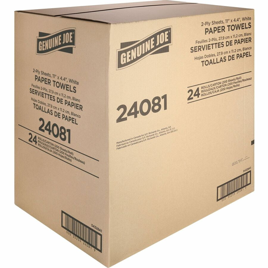 Genuine Joe 2-Ply Household Roll Paper Towels - 4.40 x 11 Inches - 200 Sheets Per Roll - White - Perforated for Kitchen, Multipurpose - 24 Rolls Per Carton