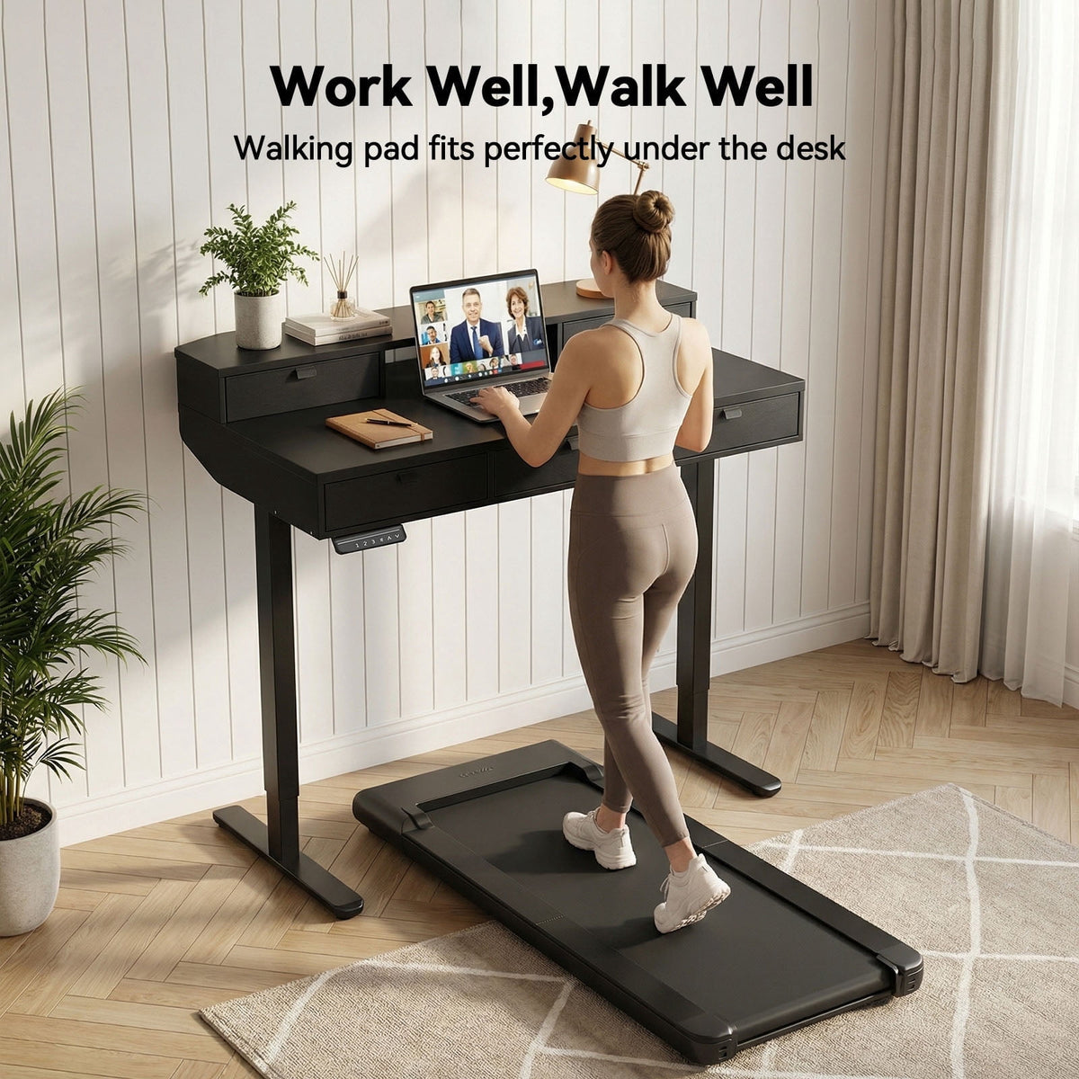 Electric Standing Desk with 5 Drawers, Monitor-Riser Design, 48" x 24" Height Adjustable Sit Stand Desk for Home Office, 4 Preset Pannel, Black