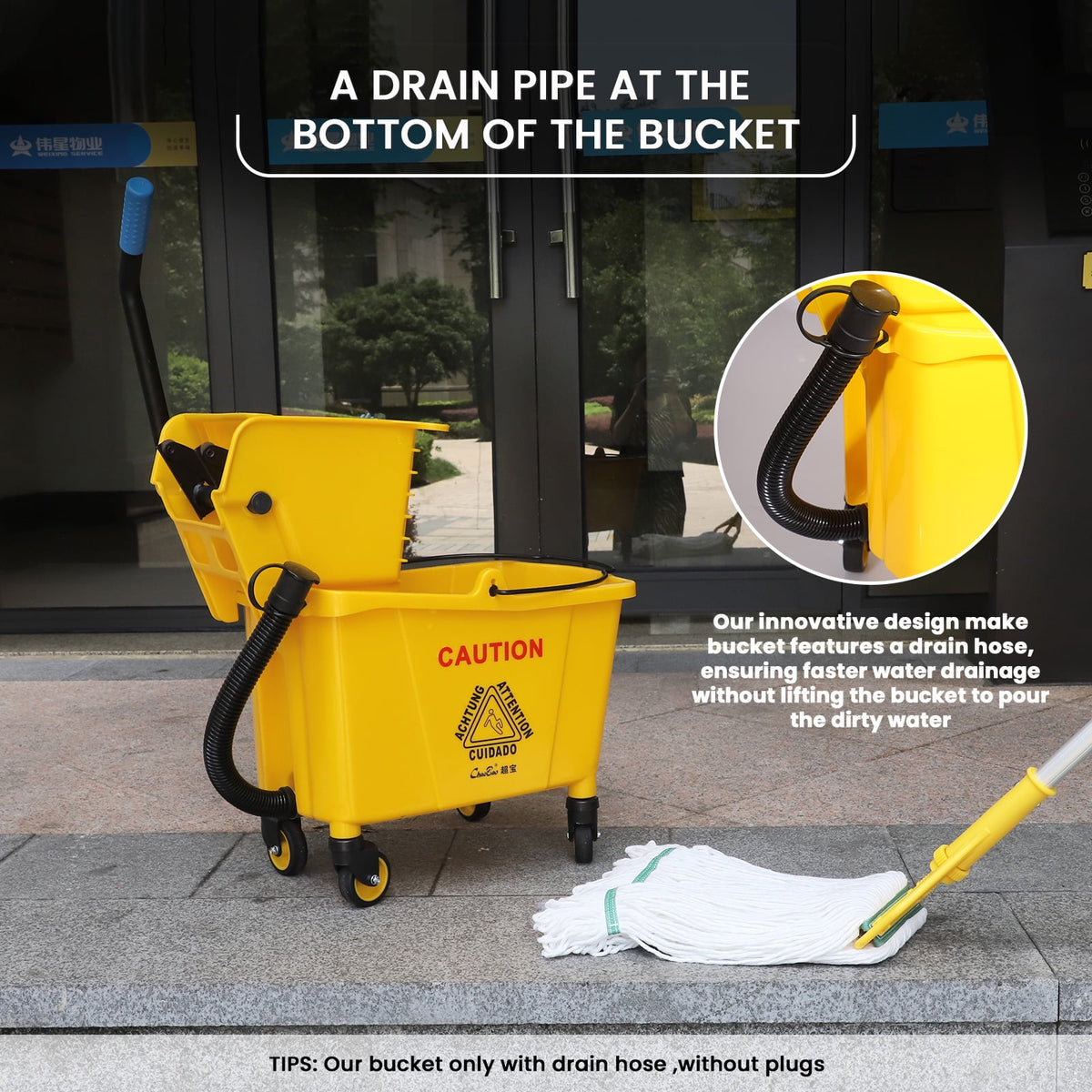 35-Qt Commercial Mop Bucket with Side Press Wringer Floor Cleaning Rectangular Mop Bucket on Wheels, Yellow, Including Mop and Mop Head Replacement