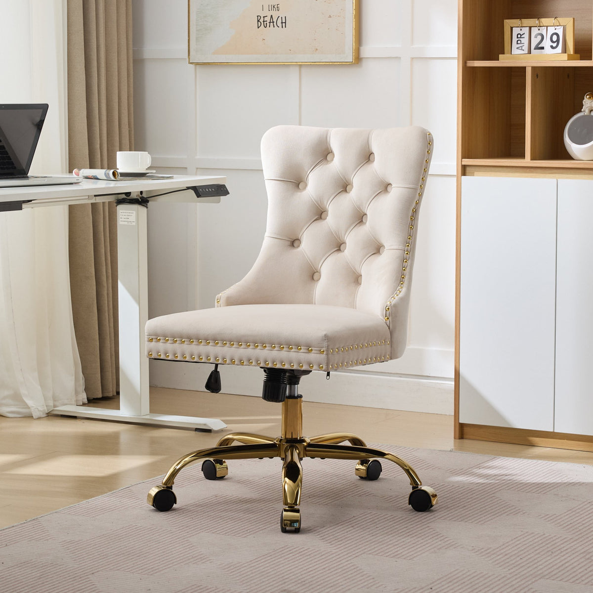 PAPROOS Vanity Chair, Swivel Home Office Chair, Ergonomic Home Desk Chair with Golden Metal Base, Adjustable Height, Velvet Upholstered Tufted Button Task Chair, Beige