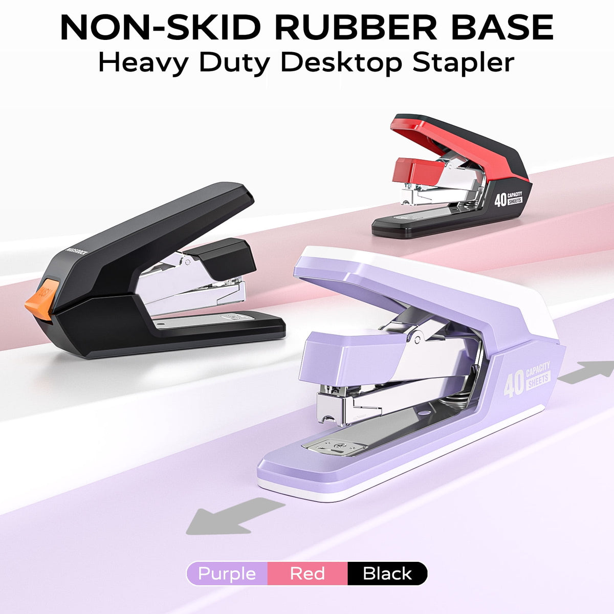 Marsrock Effortless Stapler for Desk,40-50 Sheet Capacity, 2000 Staples, 1-Touch Stapling,Heavy Duty and Magnetic Staple Remover, Purpler