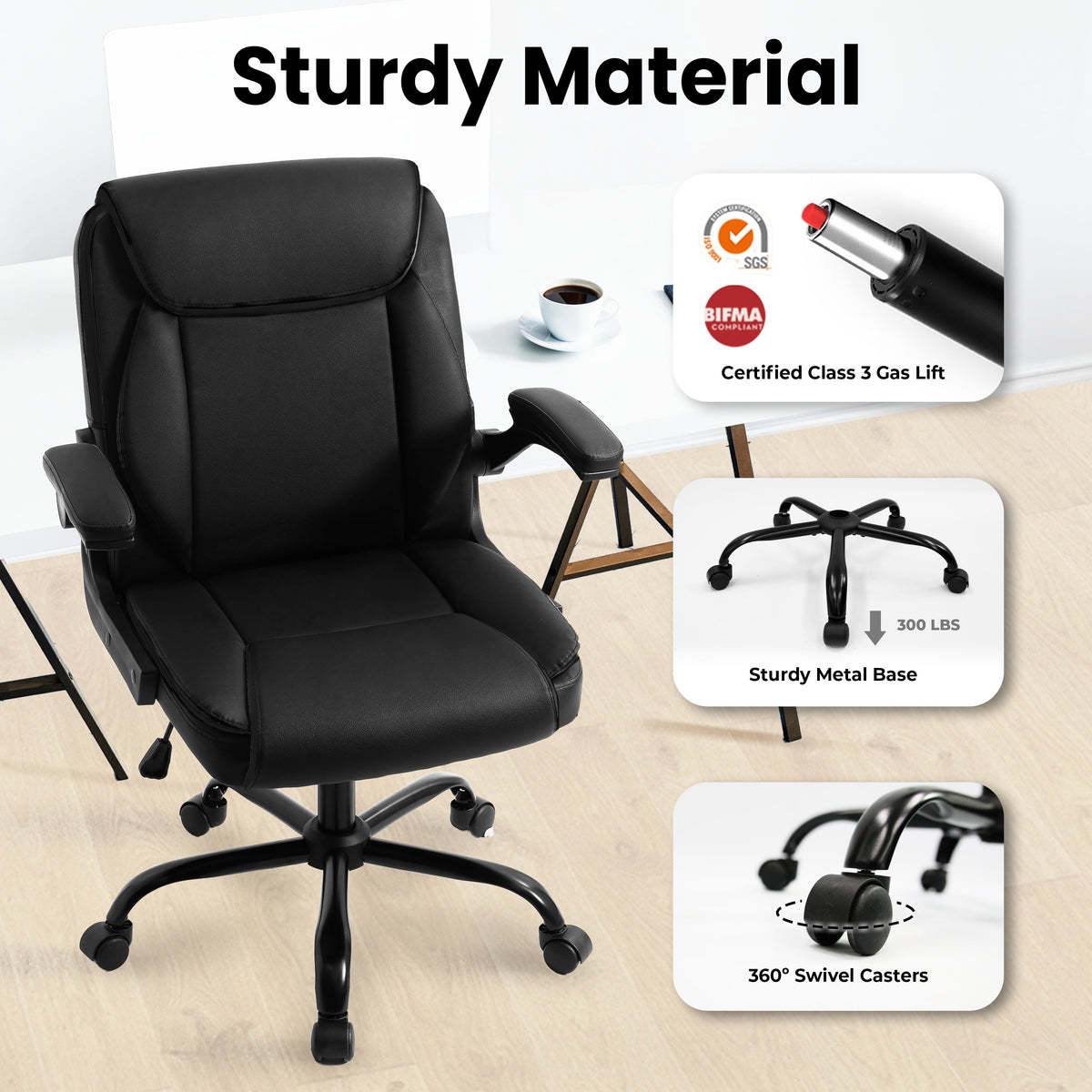 NEO CHAIR Office Desk Computer Chair Ergonomic Executive Mid-Back Leather Gaming Chair with Adjustable Flip-Up Armrests Wheels Swivel for Home Study Task (Jet Black)
