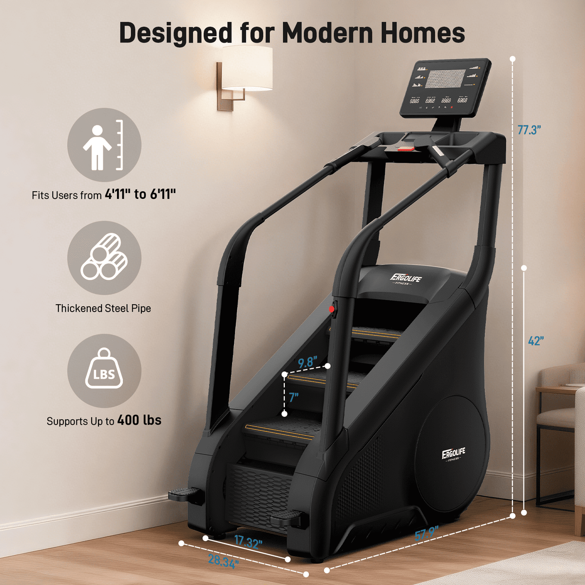 ERGOLIFE Stair Stepper Machine for Home Gym, Stair Climber with 25 Resistance Levels, 660 lbs Capacity, 7-Level Safety System, Natural Floating Step, Quiet Cardio Workout Machine with LED Touchscreen