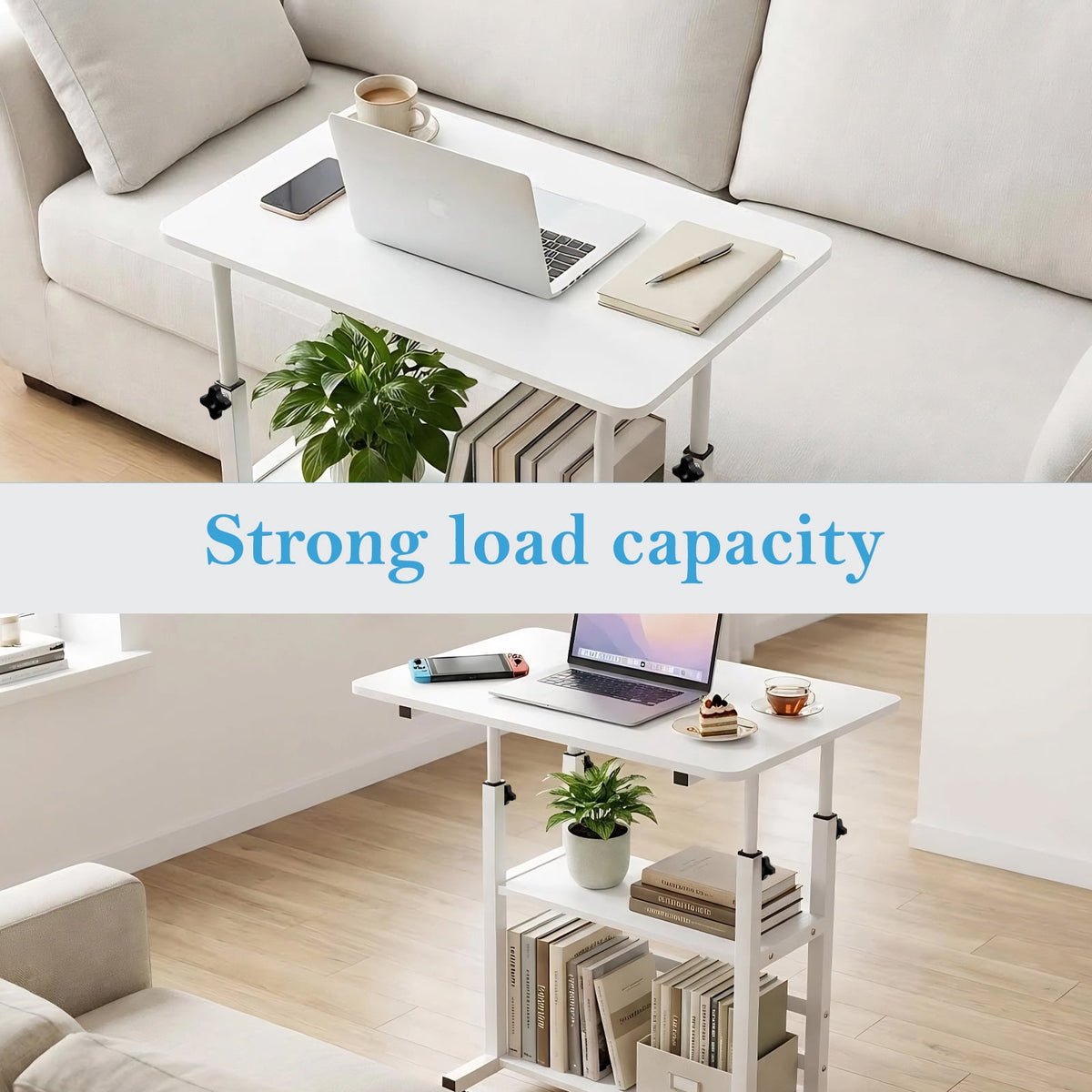 Portable Desk with Wheels Small Standing Desk on Wheels Adjustable Height Rolling Desk for Small Spaces 32 Inch Computer Desk with Storage Shelves for Home Office Study White