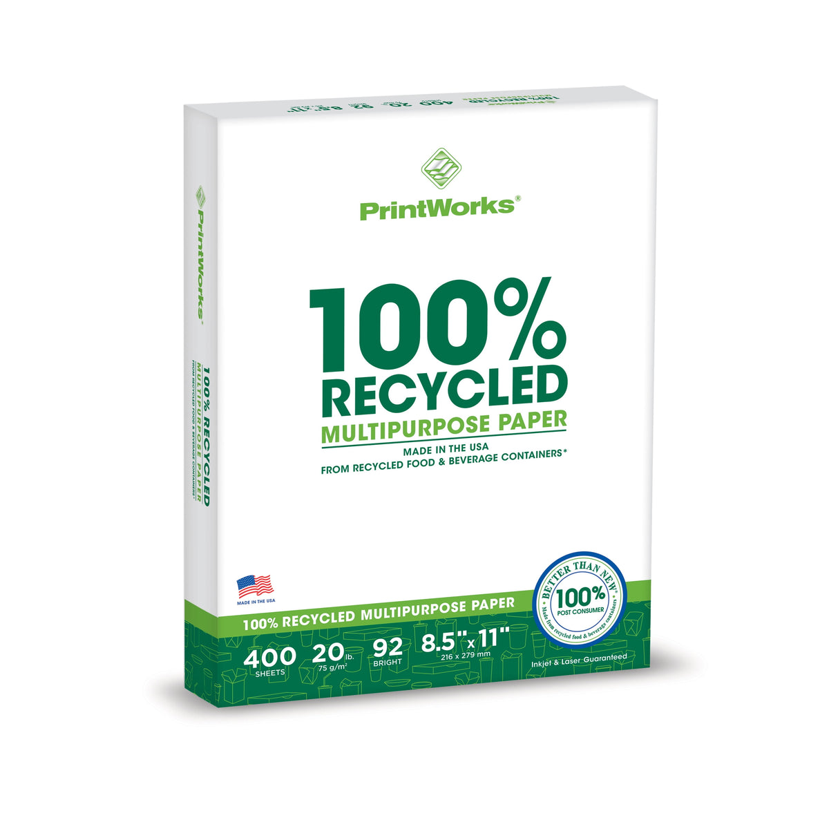 Printworks 100% Recycled Multipurpose Paper, 20 LB, 92 Bright, 8.5 x 11 Inches, 2400 shts/Carton, 80 ctns/Pallet