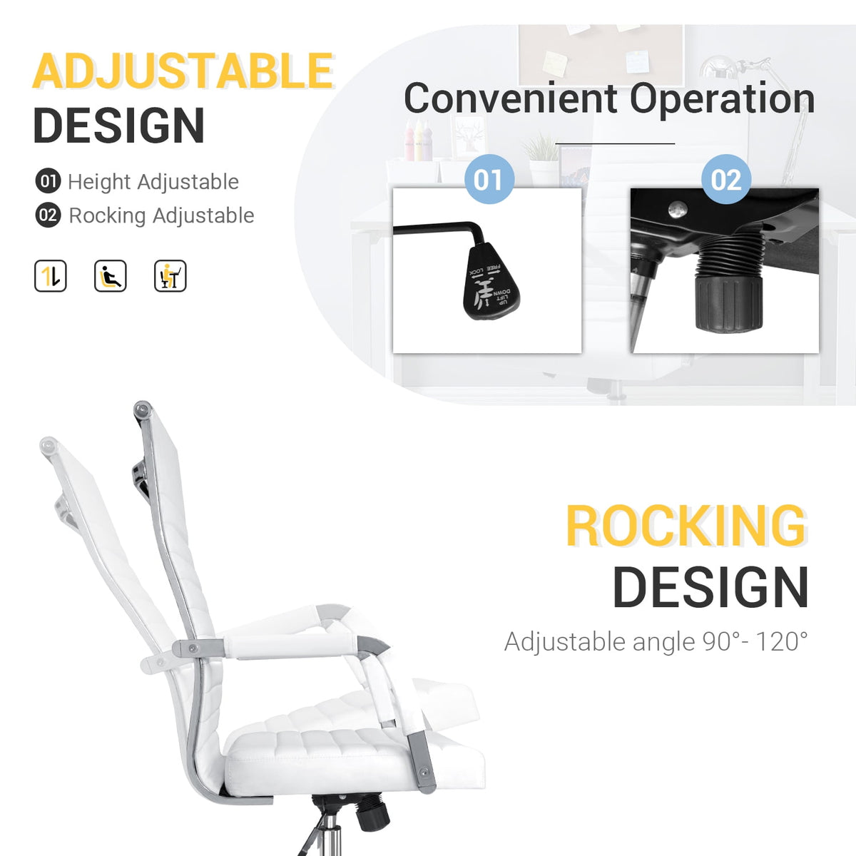 Furmax Ribbed Executive Chair with Swivel & Lumbar Support, 300 lb. Capacity, White