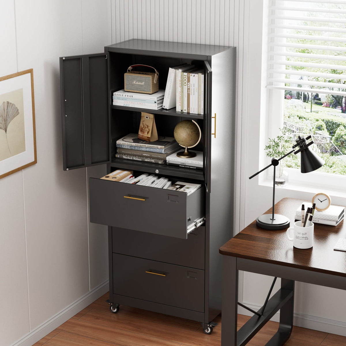 Aobabo 3 Drawer Metal Lateral File Cabinet with Wheels & Shelf , Wide Filing Cabinet with Lock for Office,Home,School,Garage,Fit A4/Letter/Legal File,Required-Assembly,Black