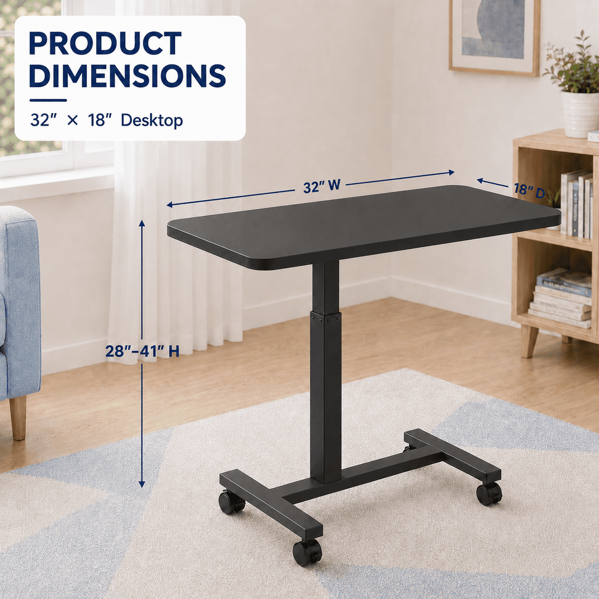 CLOUDREST PRO Mobile Standing Desk with Lockable Wheels, 32 x 18 Inch Pneumatic Adjustable Height Rolling Laptop Table, 28 to 41 Inch Portable Workstation with Cup Holder for Home Office, Black
