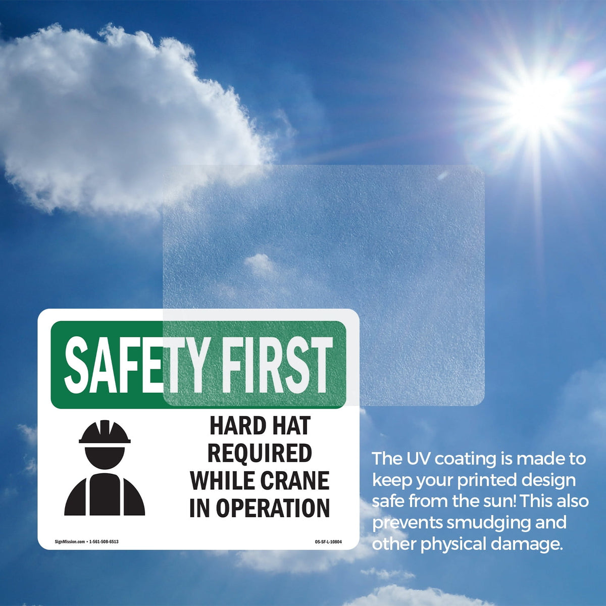 Hard Hat Required Crane Operation OSHA SAFETY FIRST Vinyl Decal Label 7 Inch x 5 Inch - 10 Pack