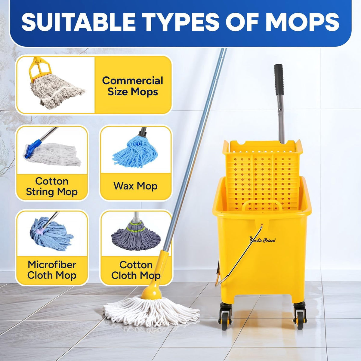 Commercial Mop Bucket with Wringer on Wheels, Heavy Duty Dual Chamber Industrial Mop Bucket Separate Dirty Water, Perfect for Business Household, Small 20 Quart Yellow