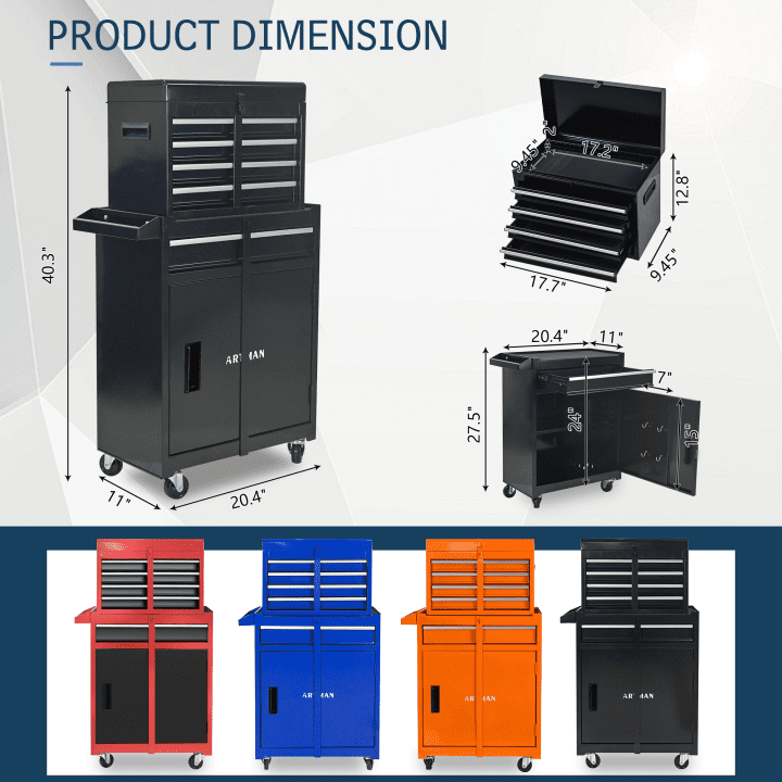 Tool Chest, 5-Drawer Rolling Tool Storage Cabinet with Detachable Top Tool Box, Universal Lockable Wheels