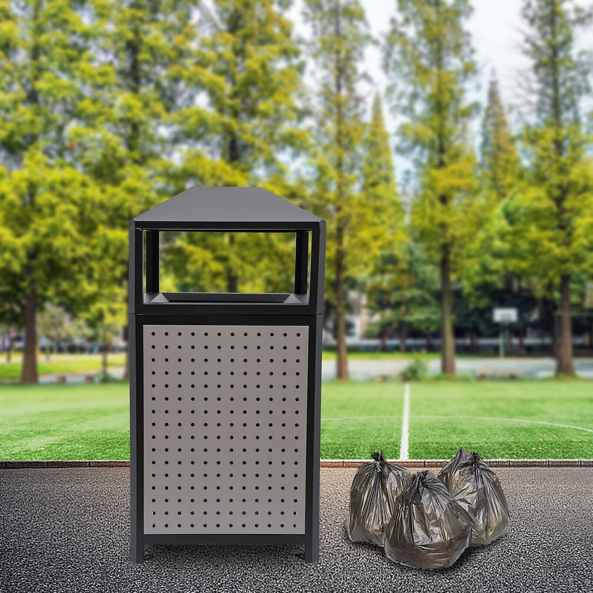 38-Gallon Outdoor Trash Can with Build-in Ashtray Industrial Waste Trash Can Waste Container Stainless Steel Industrial Durable Trash Can