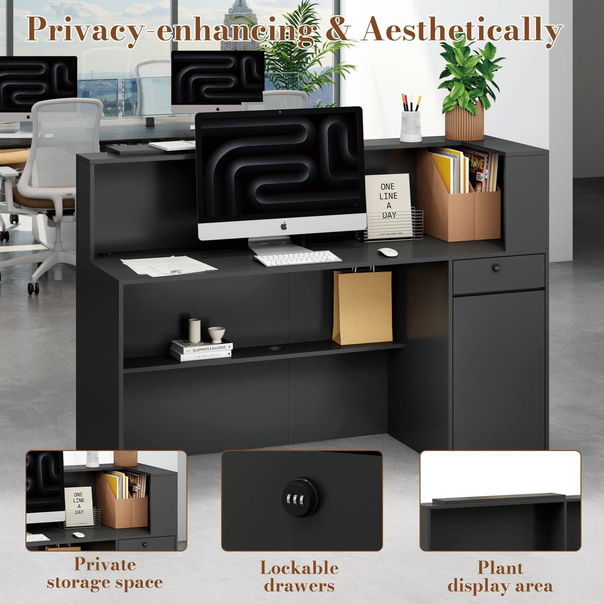 63" Modern Reception Desk with Wooden Grille Front Design, Built-in Power Outlets and Lockable Drawers for Salon, Office, Lobby or Retail Store, Black