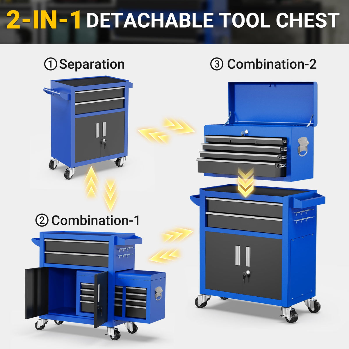 2-IN-1 Rolling Tool Chest Storage Box, Upgrade Steel Tool Box Hidden Desing, Detachable Tool Storage On Wheels W/Sliding Drawers for Workshop Garage Studio, Blue