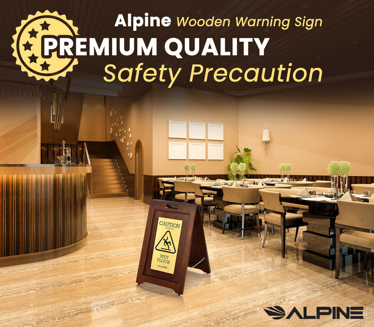 Alpine 2-Sided Wooden Brass Plated Wet Floor Sign - A-Frame Warning Notice - Double Sided Fold Out Bilingual Floor Safety Alert Ideal for High End Commercial Use