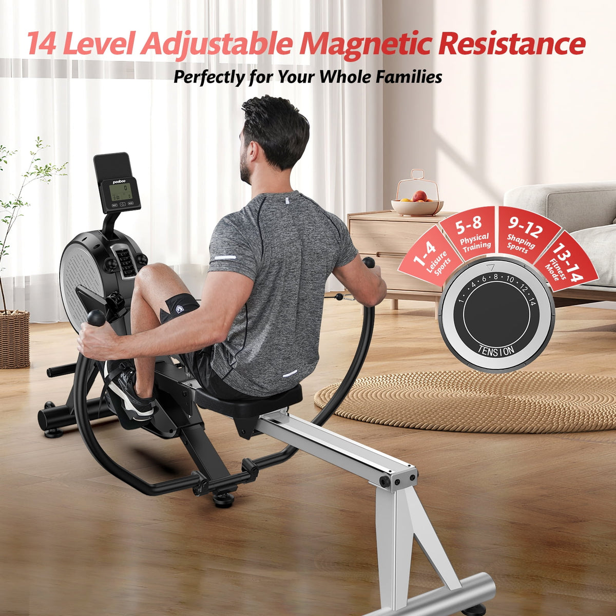 HASIMAN Dual Wind&Magnetic Rowing Machine 450lbs Weight Capacity Foldable Exercise Rower Full Motion Air Rower Machine with Built-In Bluetooth App for Home Cardio Workout