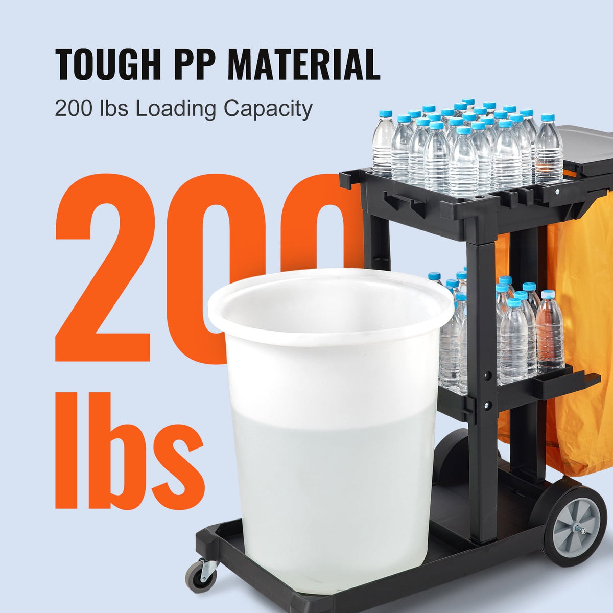 VEVOR Commercial Janitorial Janitor Cart 3-Shelf 200 lbs Janitorial Trolley Cleaning Cart with 25 Gallons PVC Bag and Cover for Housekeeping