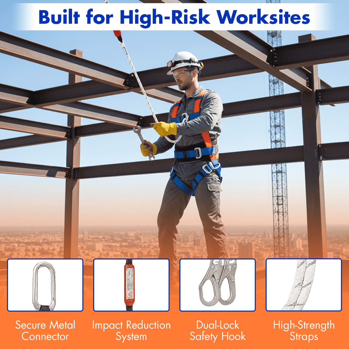 Safety Harness Fall Protection, Full Body Roofing Harness with Shock Absorbing Lanyard, Fall Protection Harness Kit, Construction Harness for Men