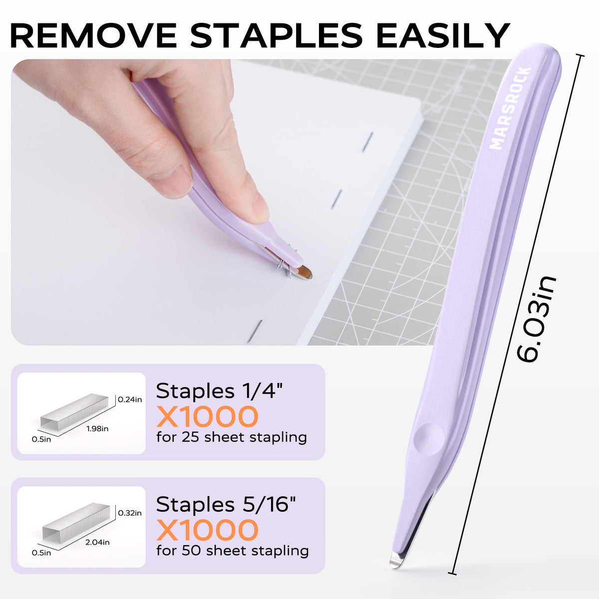 Marsrock Effortless Stapler for Desk,40-50 Sheet Capacity, 2000 Staples, 1-Touch Stapling,Heavy Duty and Magnetic Staple Remover, Purpler