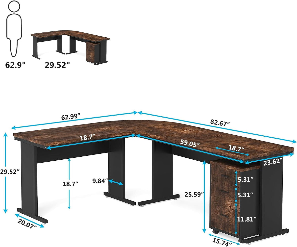 Tribesigns 83 Inch L-Shaped Office Desk, Large Executive Computer Desk with 3-Drawer File Cabinet, Industrial Corner Desk with Storage Drawers, Business Furniture Work Desk for Home Office (Brown)