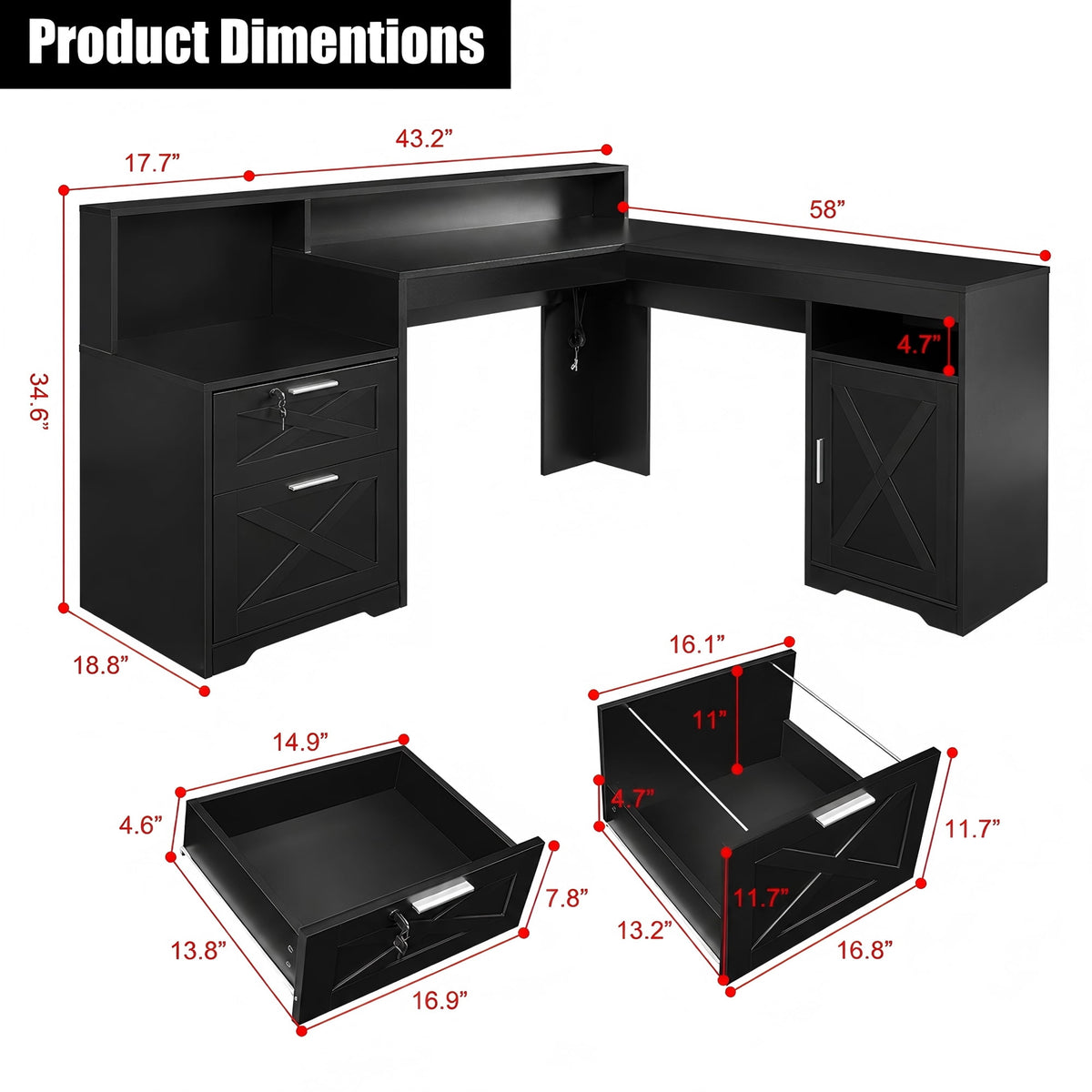 58.2 Inch L-Shaped Executive Desk with Drawers & Storage Shelf, Corner Computer Desk with Power Outlets, Monitor Stand & Printer Shelf