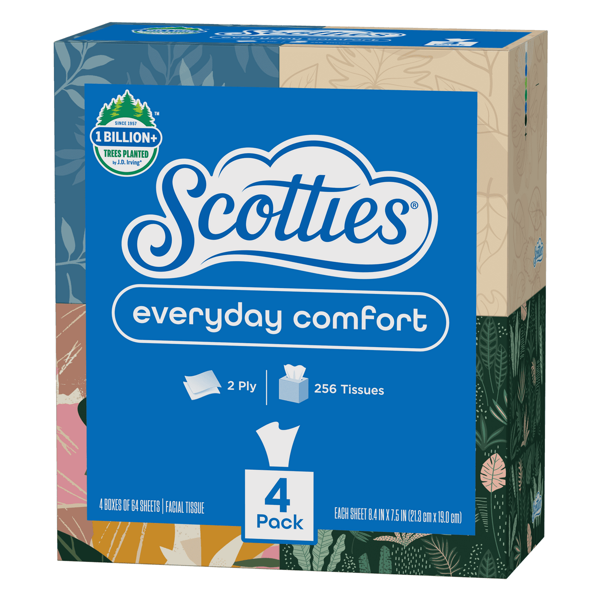 Scotties Everyday Comfort Facial Tissues, 4 Cube Boxes, 64 Facial Tissues per Box, 2-Ply (256 Total Sheets)