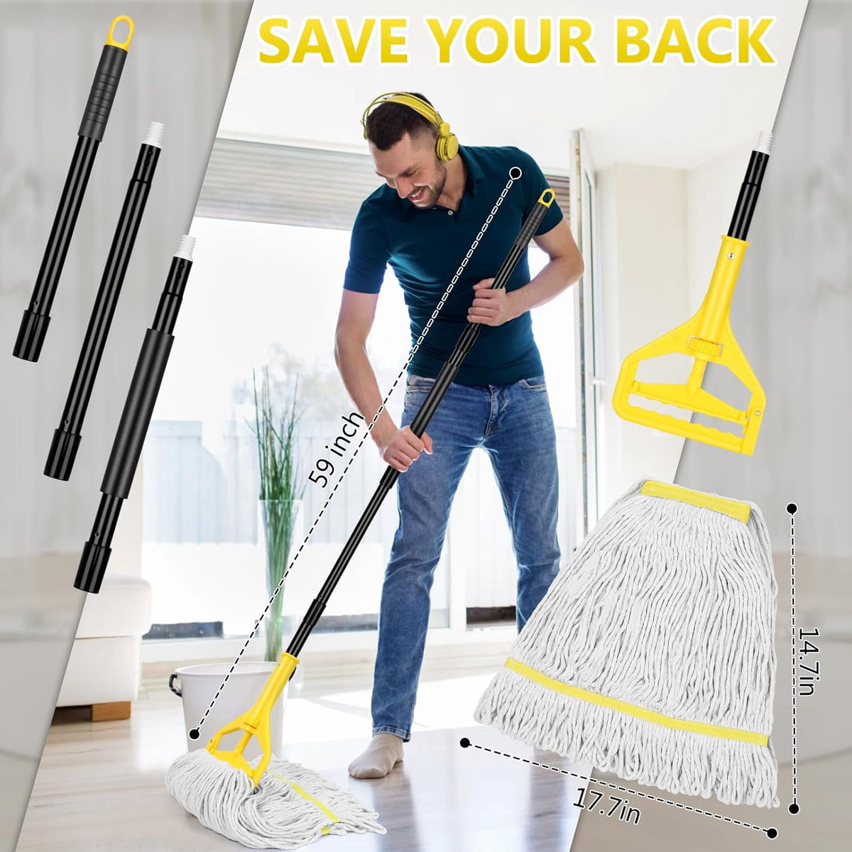 Heavy Duty Commercial Industrial Cotton Mop with Long Handle,Looped-End String Wet Mops with Replacement Mop Head for Home,Garage,Office, Workshop, Warehouse Floor Cleaning