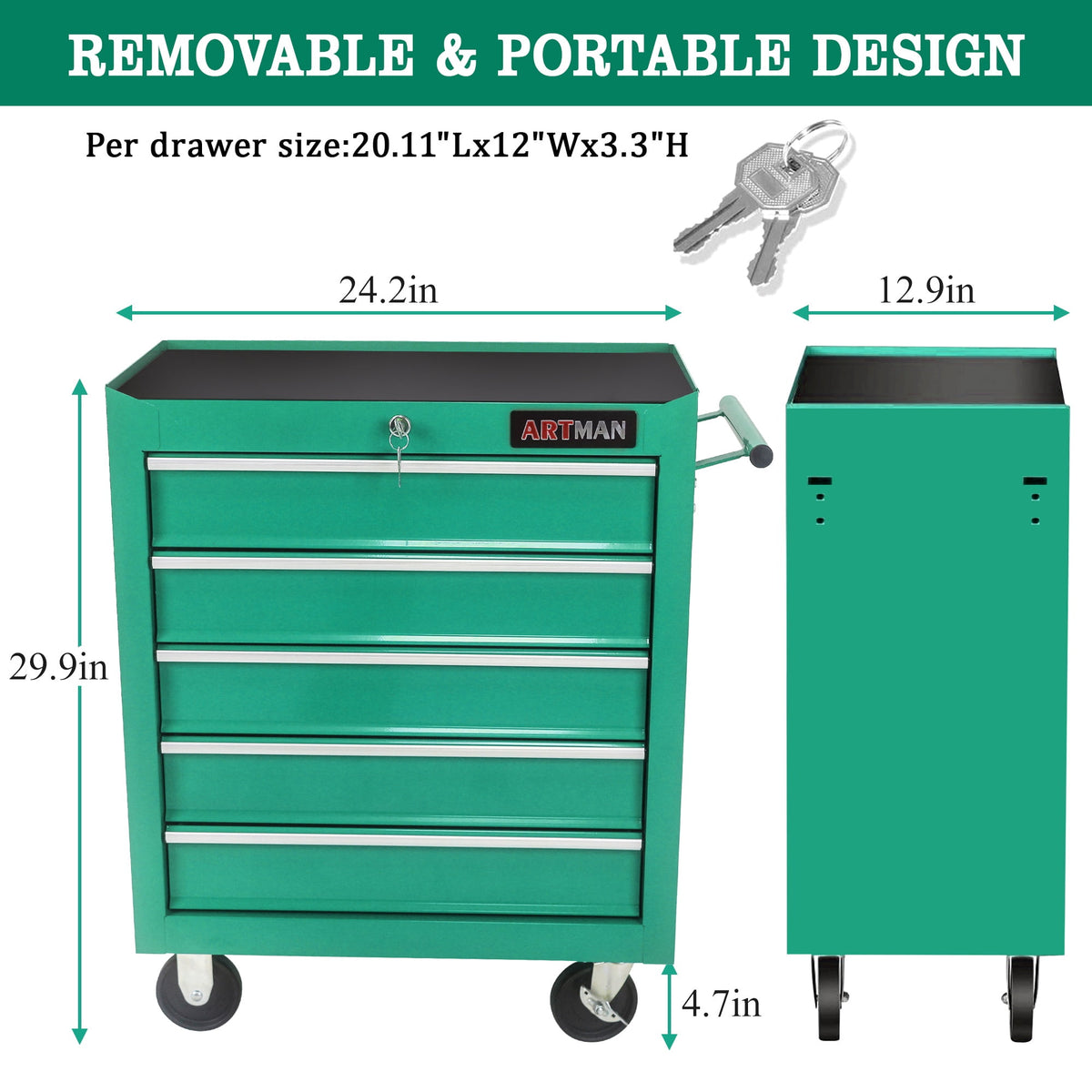 Seizeen Cold Rolled Steel 5-Drawers Tool Chest, Rolling Tool Box on Wheels for Garage Workshop, Green Tool Storage Cabinet