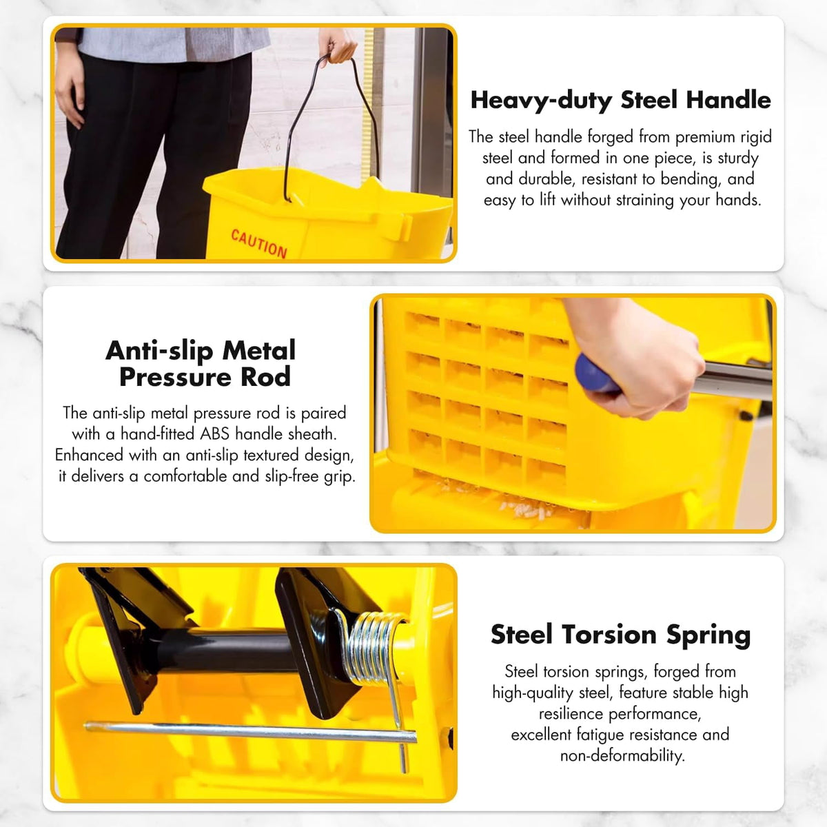 KYascend Commercial Mop Bucket System, Side Press Wringer, 38Qt Yellow, Mobile with Wheels, Complete with 2 Mop Heads