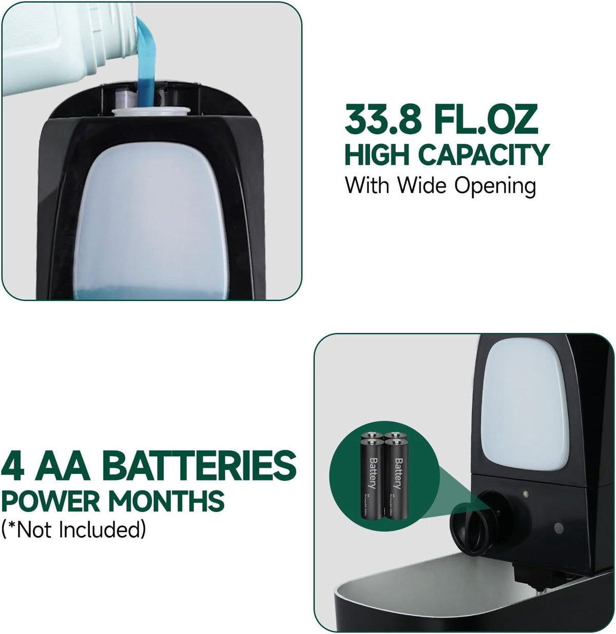 Commercial Automatic Soap Dispenser Large 34oz/1000ml Capacity Wall-Mounted Touchless Liquid Dispenser for High-Traffic Restrooms, Offices, Hospitals Model AD1220S Black