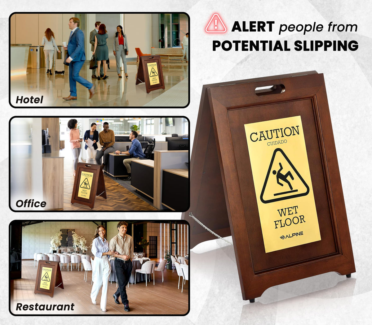 Alpine 2-Sided Wooden Brass Plated Wet Floor Sign - A-Frame Warning Notice - Double Sided Fold Out Bilingual Floor Safety Alert Ideal for High End Commercial Use