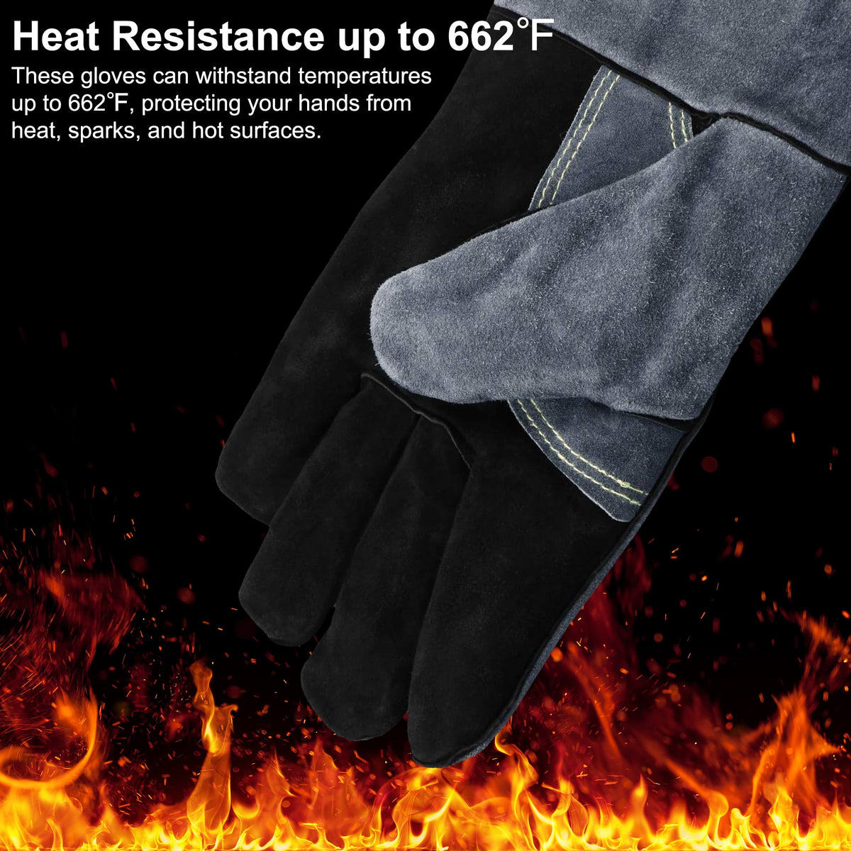 Cyrico Welding Gloves for Men, 16 Inch Leather Heat-Resistant Work Gloves with Reinforced Stitching for BBQ, Fireplace, Grill, Wood Stove, Yard Work, and Light Welding Tasks