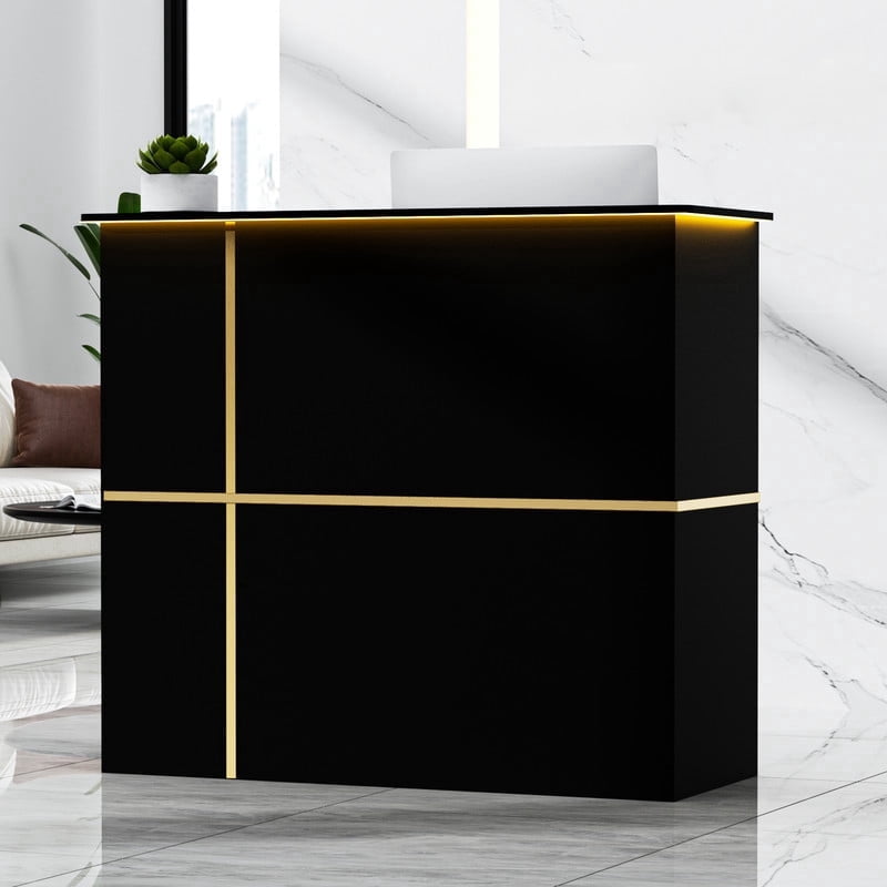 AHB 50-inch Reception Desk with Counter, Front Desk Office Desk with Storage Shelves, Black