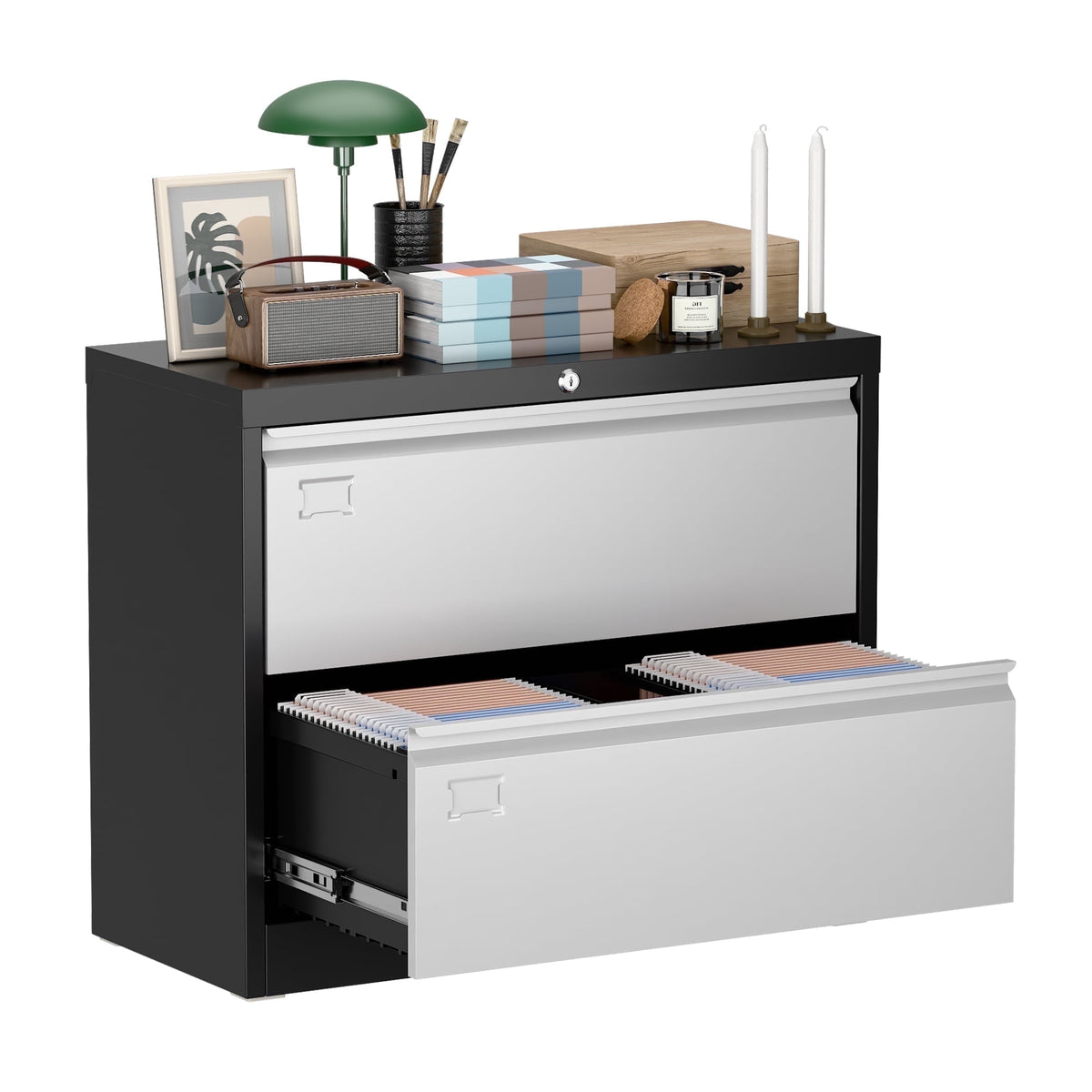 Aobabo 3 Drawer Metal Lateral File Cabinet with Wheels & Shelf , Wide Filing Cabinet with Lock for Office,Home,School,Garage,Fit A4/Letter/Legal File,Required-Assembly,Black