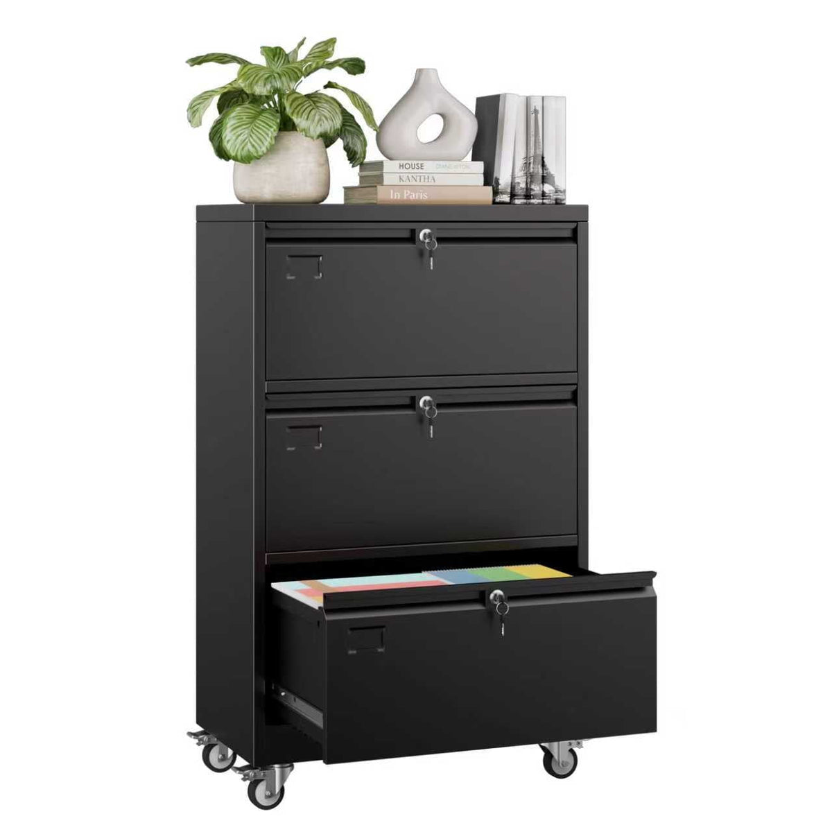 Aobabo 3 Drawer Metal Lateral File Cabinet with Wheels & Shelf , Wide Filing Cabinet with Lock for Office,Home,School,Garage,Fit A4/Letter/Legal File,Required-Assembly,Black
