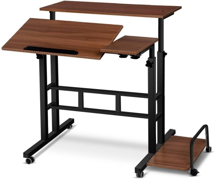 Adjustable Height Mobile Standing Desk – Compact Rolling Workstation for Small Spaces – Ergonomic, Portable – Dark walnut