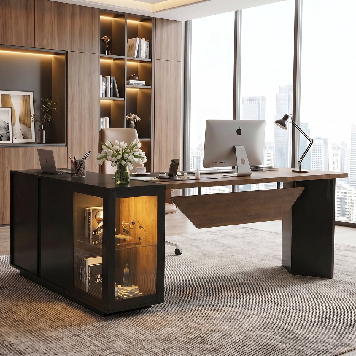 Advwin Modern 74.4" L-Shaped Executive Desk with Display Cabinet & Power Outlet, Large Luxury Office Desk Corner Workstation with File Drawer & LED Light, Black+Brown