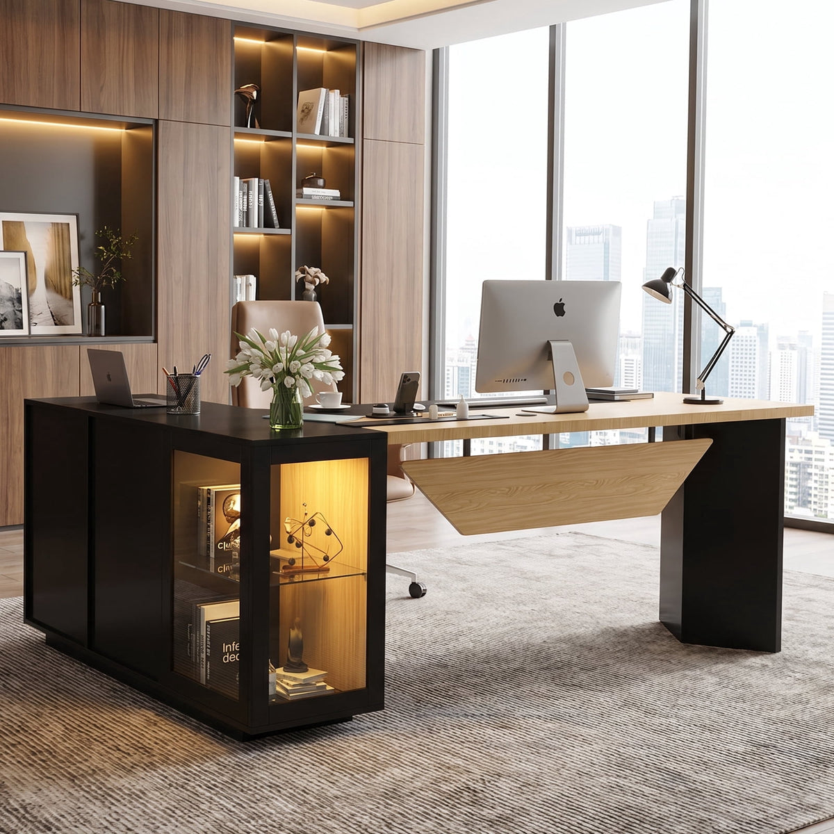 Advwin Modern 74.4" L-Shaped Executive Desk with Display Cabinet & Power Outlet, Large Luxury Office Desk Corner Workstation with File Drawer & LED Light, Black+Brown