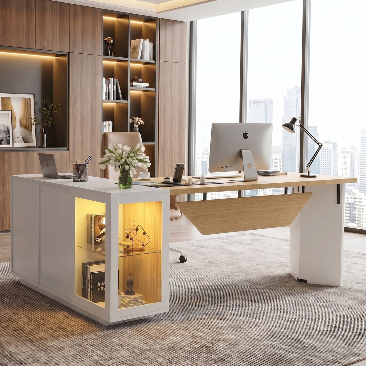 Advwin Modern 74.4" L-Shaped Executive Desk with Display Cabinet & Power Outlet, Large Luxury Office Desk Corner Workstation with File Drawer & LED Light, Black+Brown