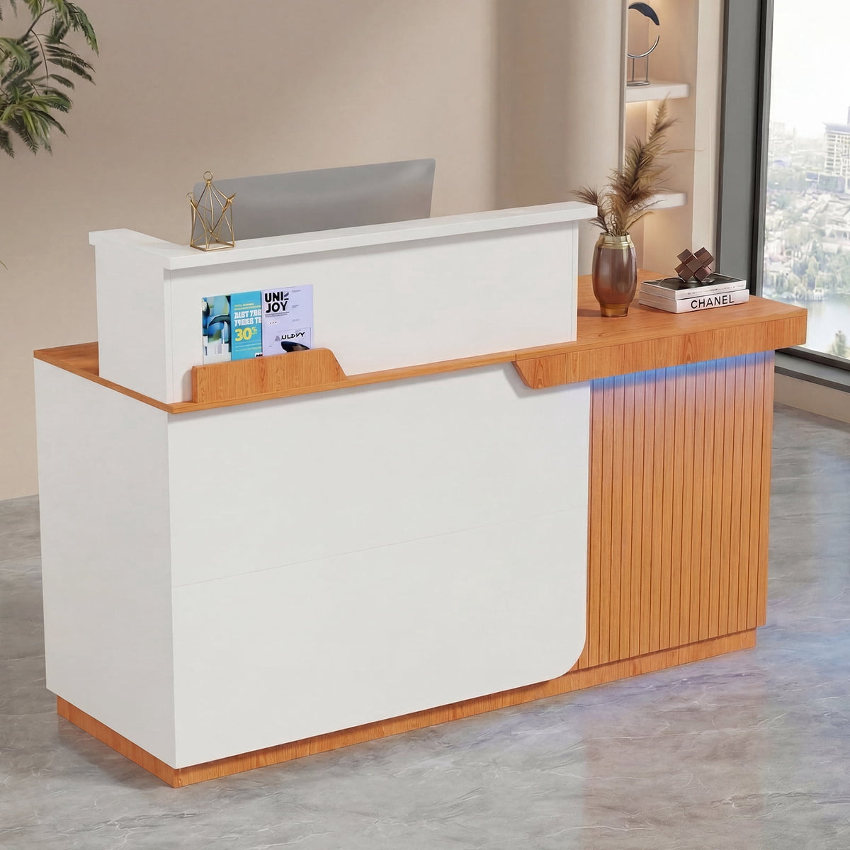 Advwin Modern Reception Desk with LED Light, 63" Fluted Front Desk with Lockable Drawer, Cabinet & Sliding Tray, Large Reception Counter Table for Office Lobby Nail Salon Clinic, White+Light Wood